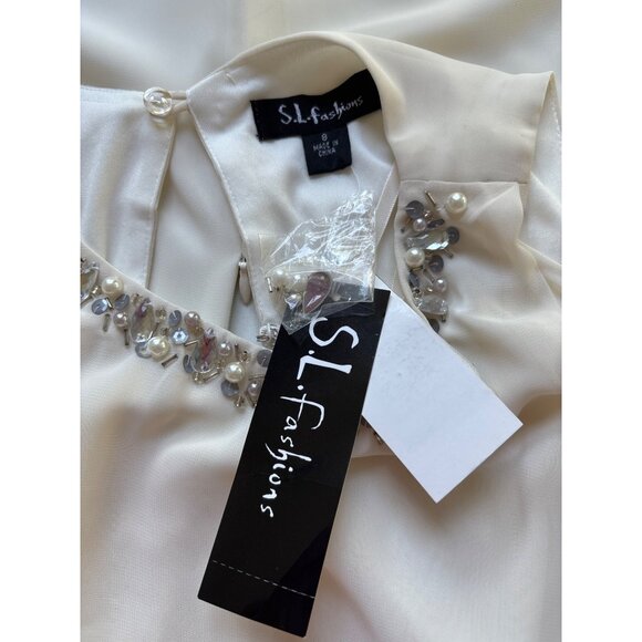 SL Fashions NWT $90 Chiffon Beaded Cocktail Dress, Ivory Women's Size 8 - Picture 8 of 10